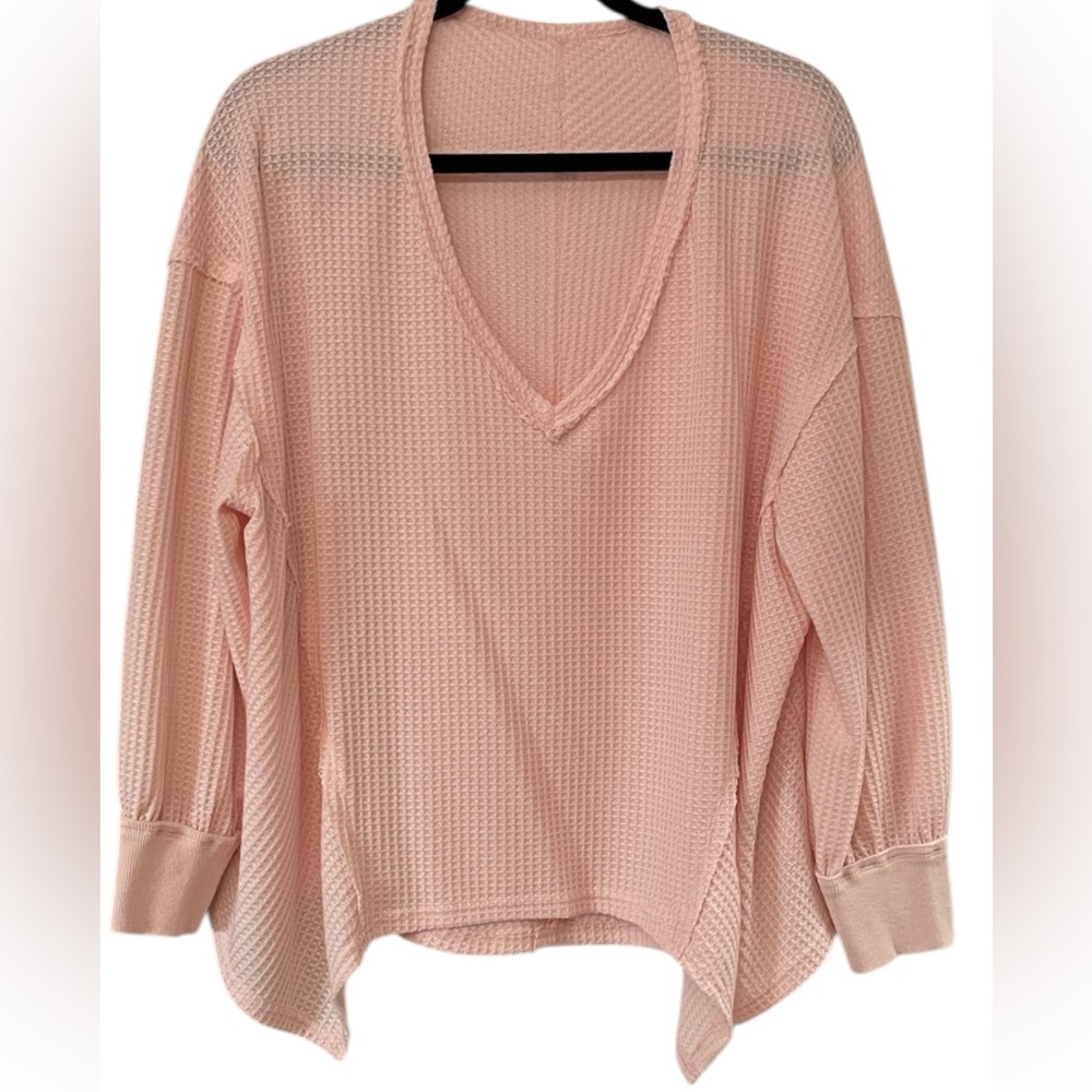 Blush Pink V-Neck Waffle Knit Sweater M Medium Distressed Edges Oversized NWOT